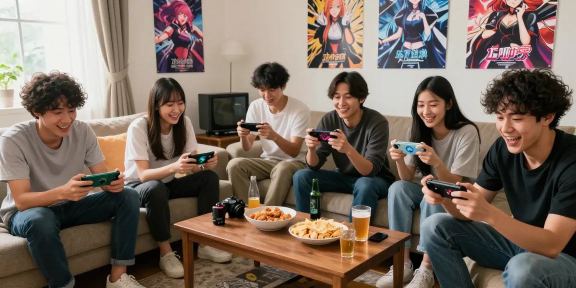 Group of friends exploring degrees of lewdity adult visual novels together in a cozy living room.