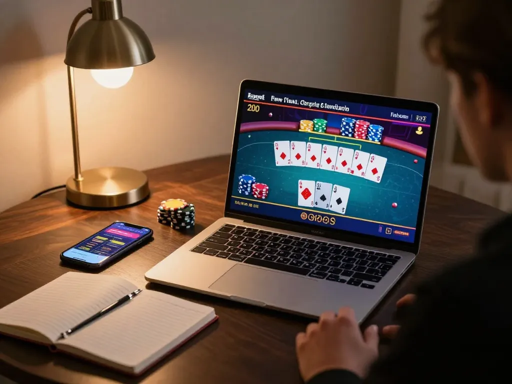 Player immersed in online poker game at home showcasing gamebaidoithuong8 strategies and responsible gaming.