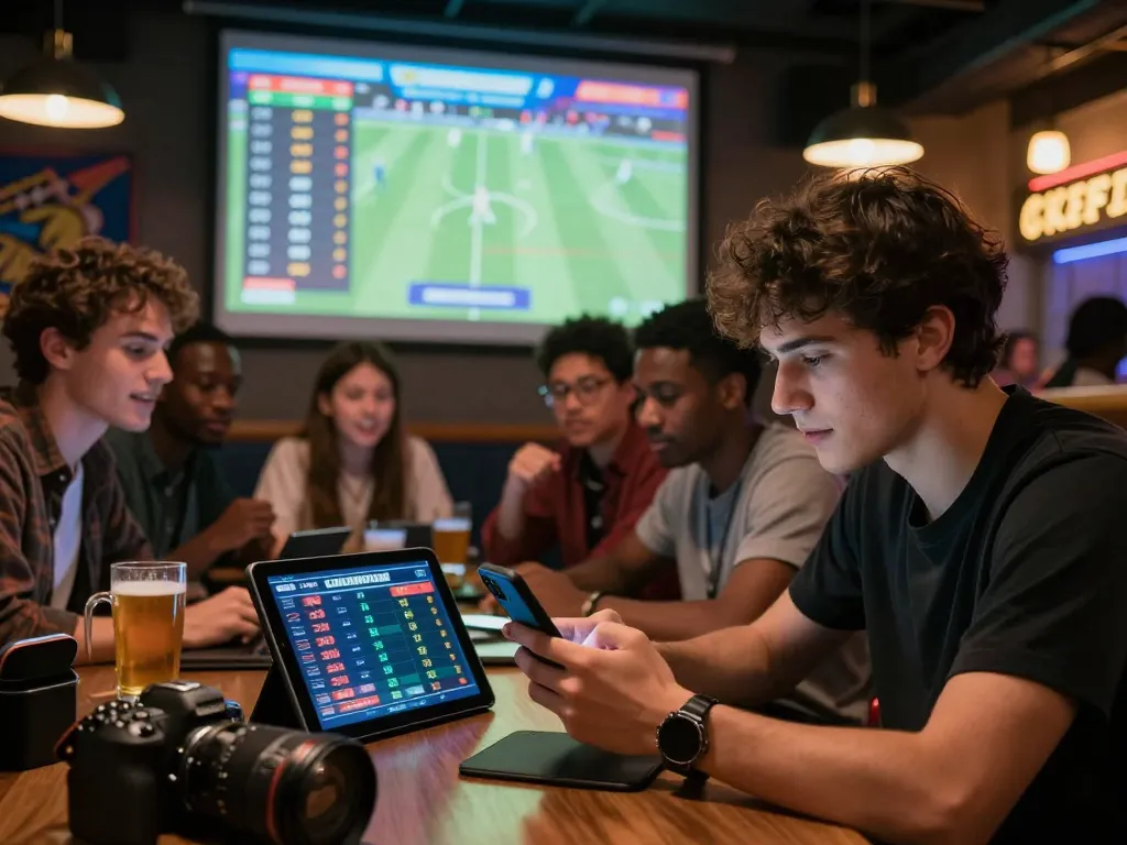 Excited fans using Nowgoal for live sports betting in a vibrant sports bar setting.