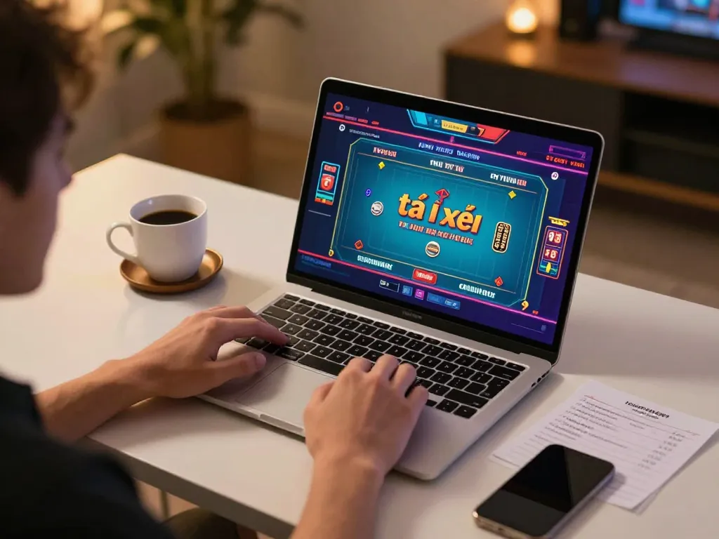 A player enjoying tài xỉu online on a laptop, creating a cozy home gaming atmosphere.
