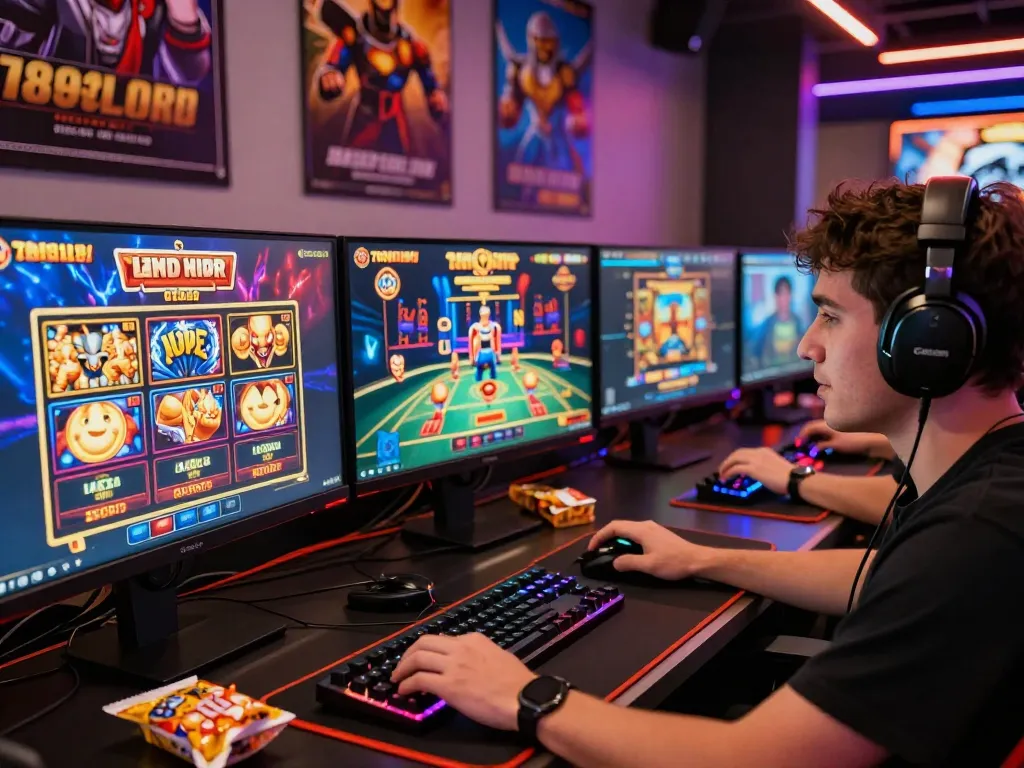 Engaged player gaming at 789club on multiple monitors showcasing slot games and live casino action.