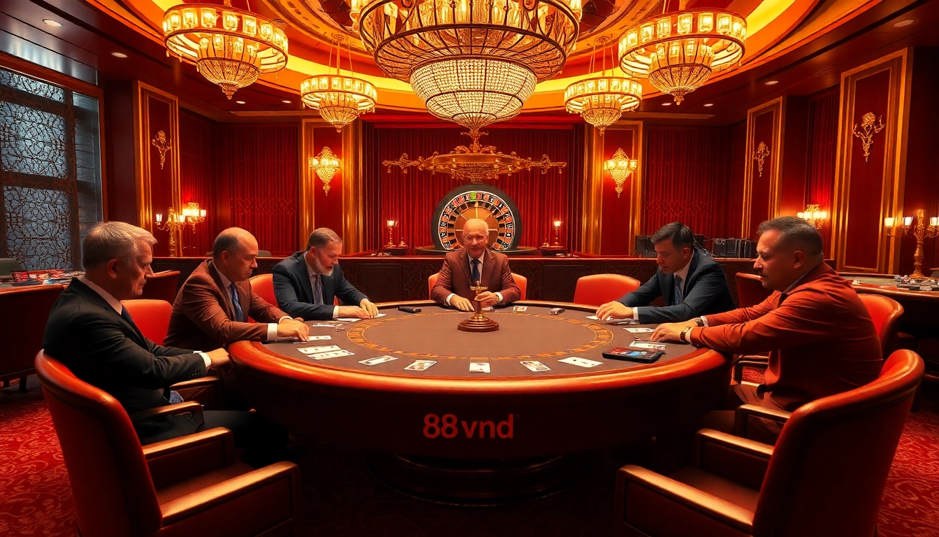 Professional gamblers at a high-stakes poker table in a luxurious casino, engaging with currency reflected in 888vnd.