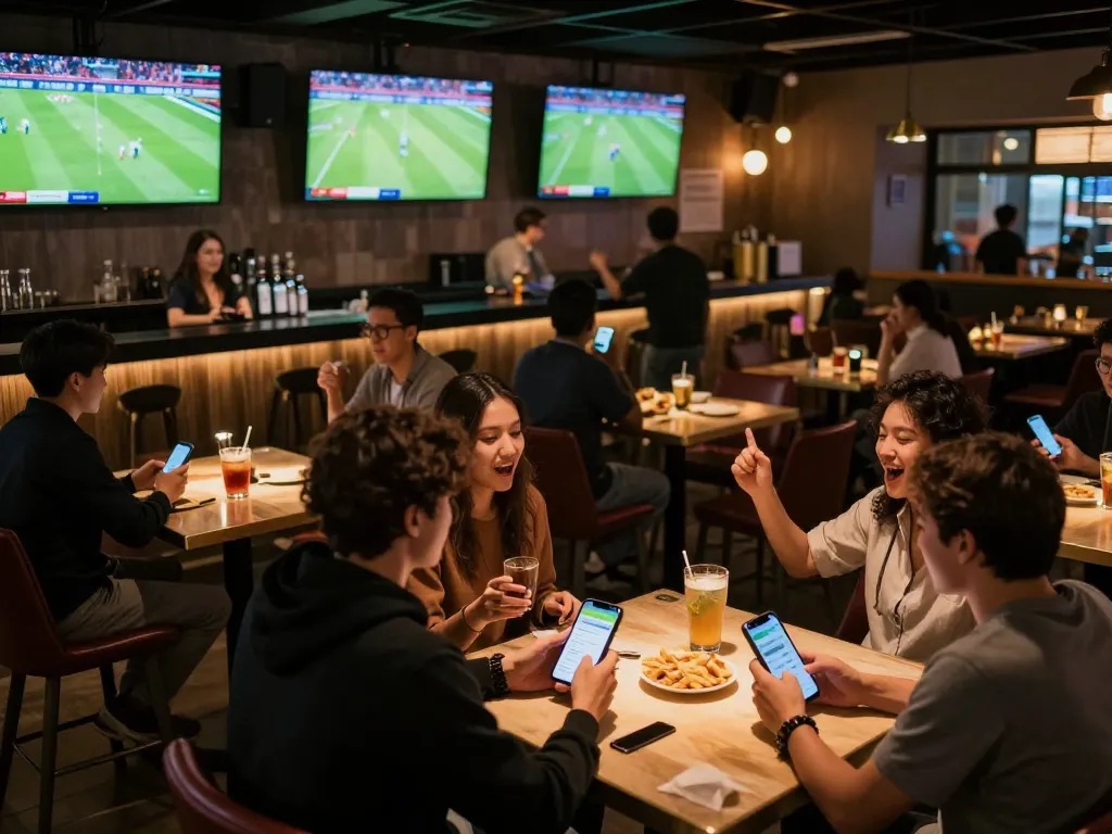 Patrons using nowgoal for live betting on football amidst a vibrant sports bar atmosphere.