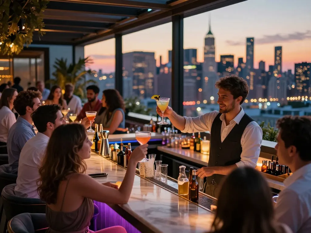 People celebrating at NOHU rooftop bar, enjoying cocktails with stunning Manhattan views