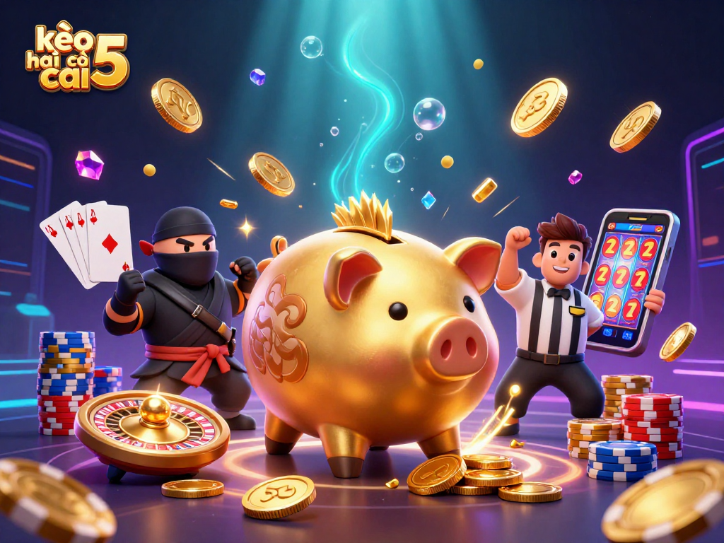Experience thrilling moments with kèo nhà cái 5, showcasing a dynamic casino battle between a piggy bank sumo wrestler and his opponents.
