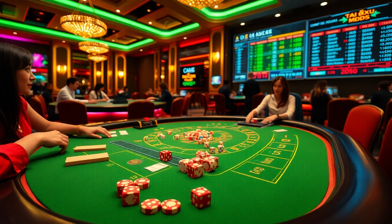 A group of players enjoying Tài xỉu MD5 at a vibrant casino table, showcasing thrilling gameplay and betting excitement.