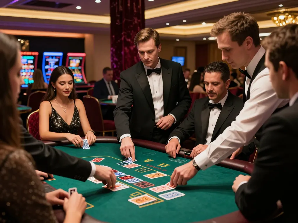 Players enjoying an exciting Blackjack game at U888, showcasing strategic gameplay in a luxurious casino setting.