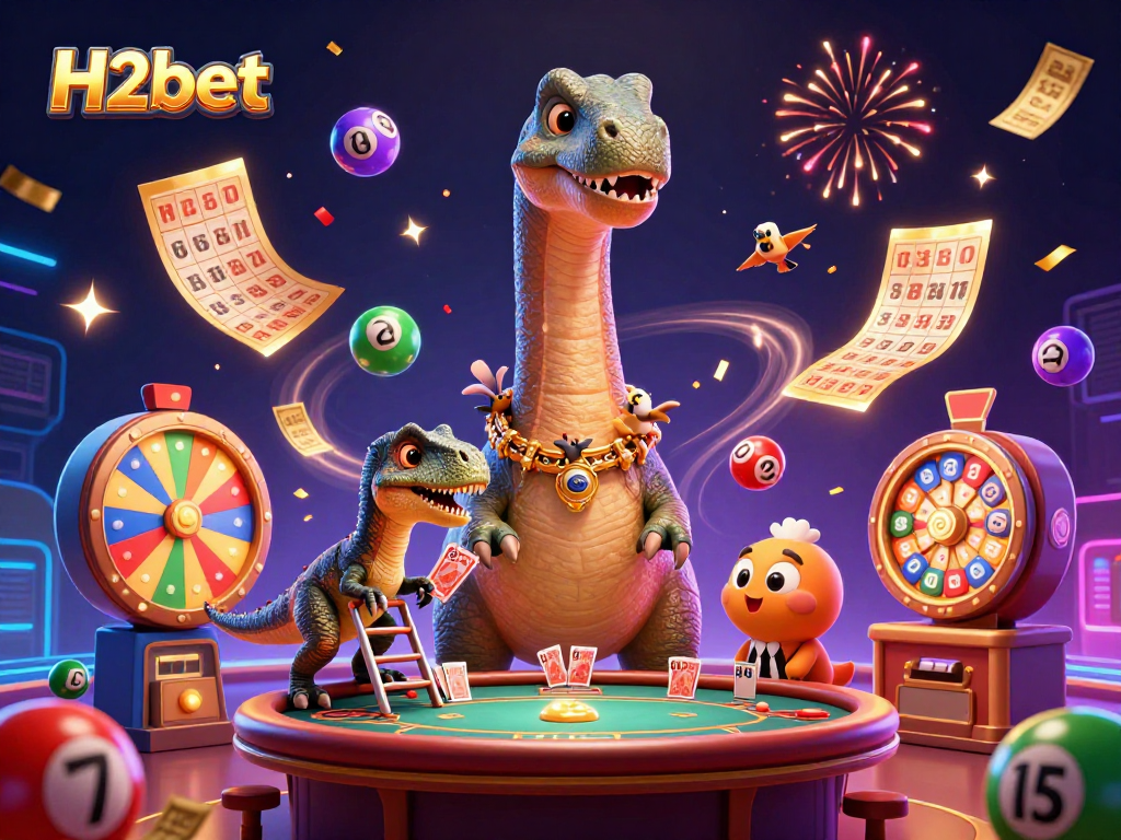 H2bet casino scene showcases vibrant lottery action with lively characters and festive elements.