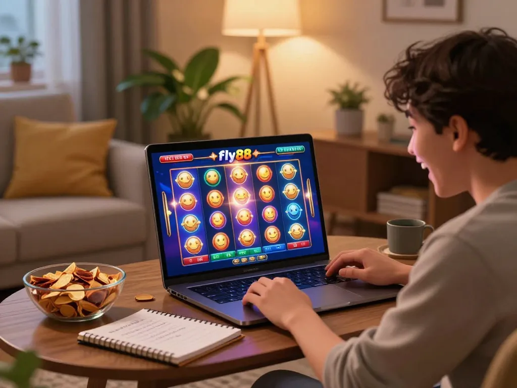 Player enjoying fly88 casino games on a laptop in a cozy home environment, showcasing vibrant online slots.