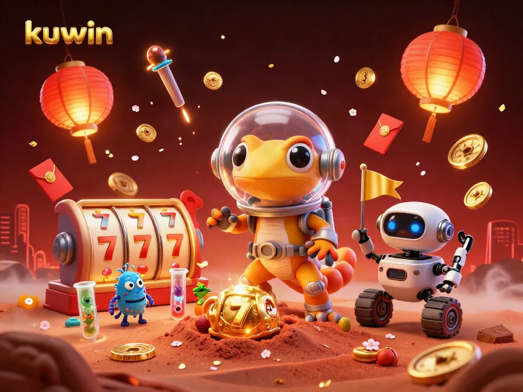 Kuwin offers a thrilling adventure as a Martian gecko spins slot reels at a golden casino under a vibrant night sky.
