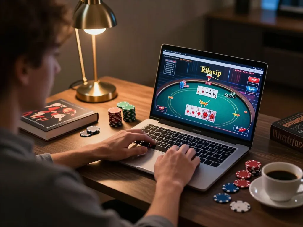 Engaging in rik vip online poker game at home, showcasing interactive gameplay and strategy