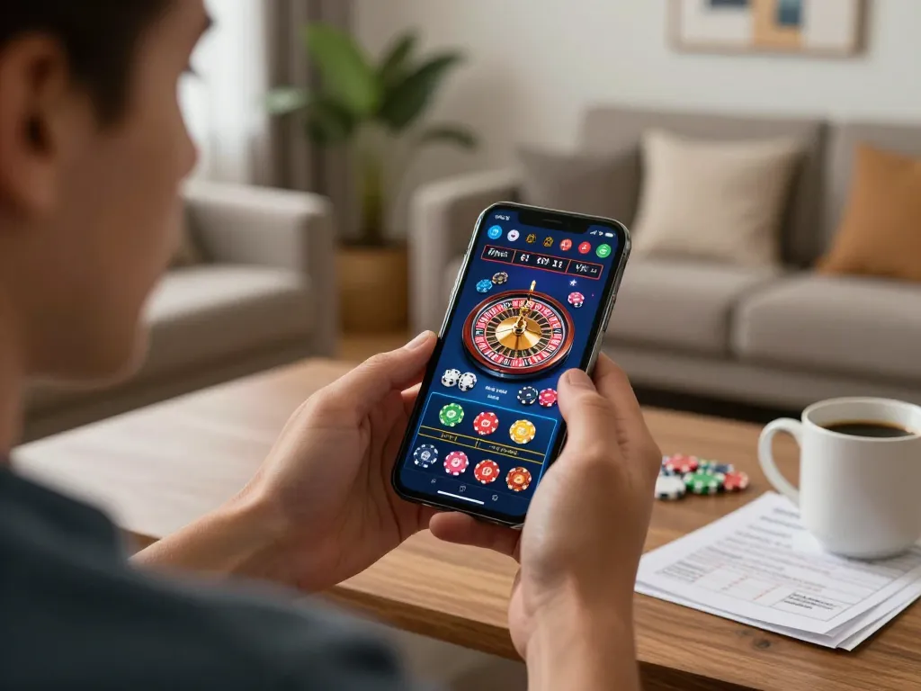 Playing vin88 on a smartphone with live roulette in a cozy home setting.