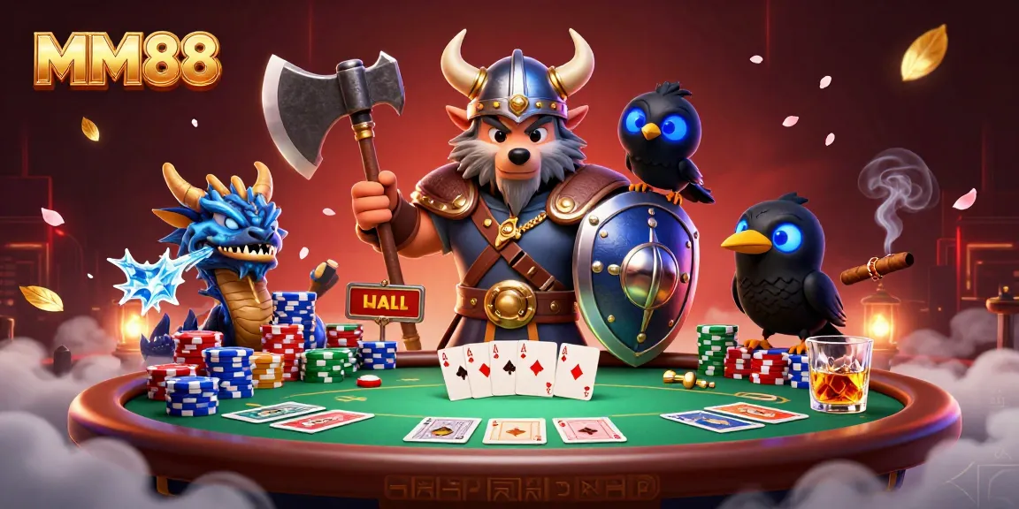 Experience the thrill of MM88 with a heroic Viking wolf, fierce dragon, and action-packed poker scene.