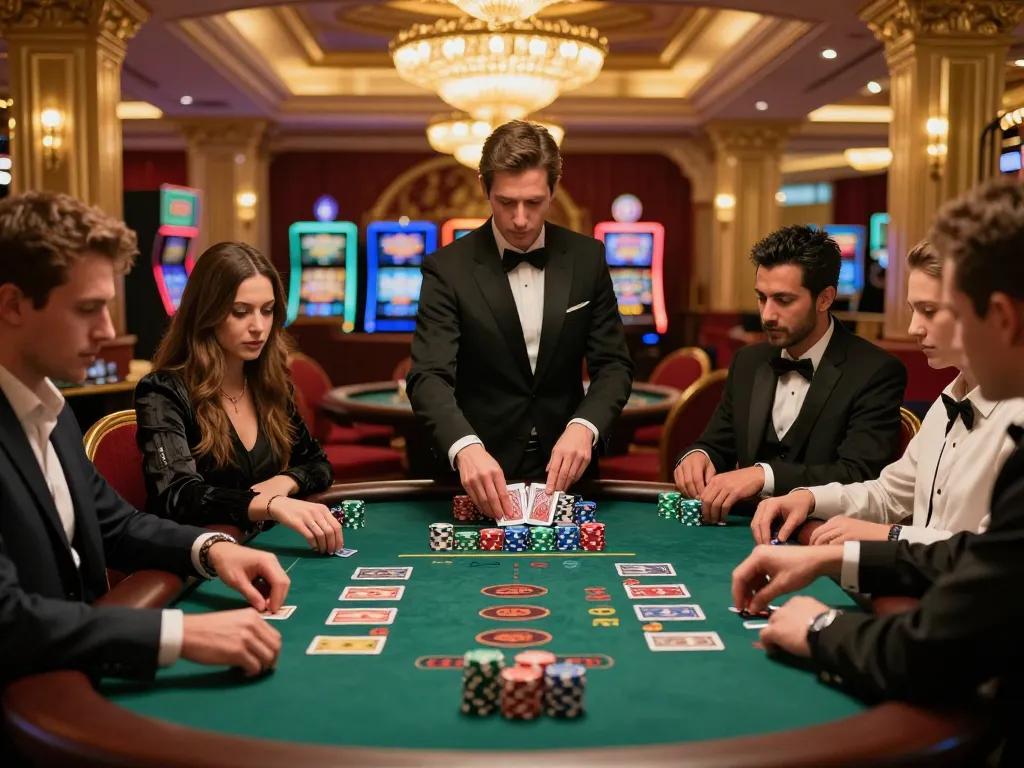 Engaging scene of players at 9BET blackjack table, showcasing excitement and strategic gameplay.