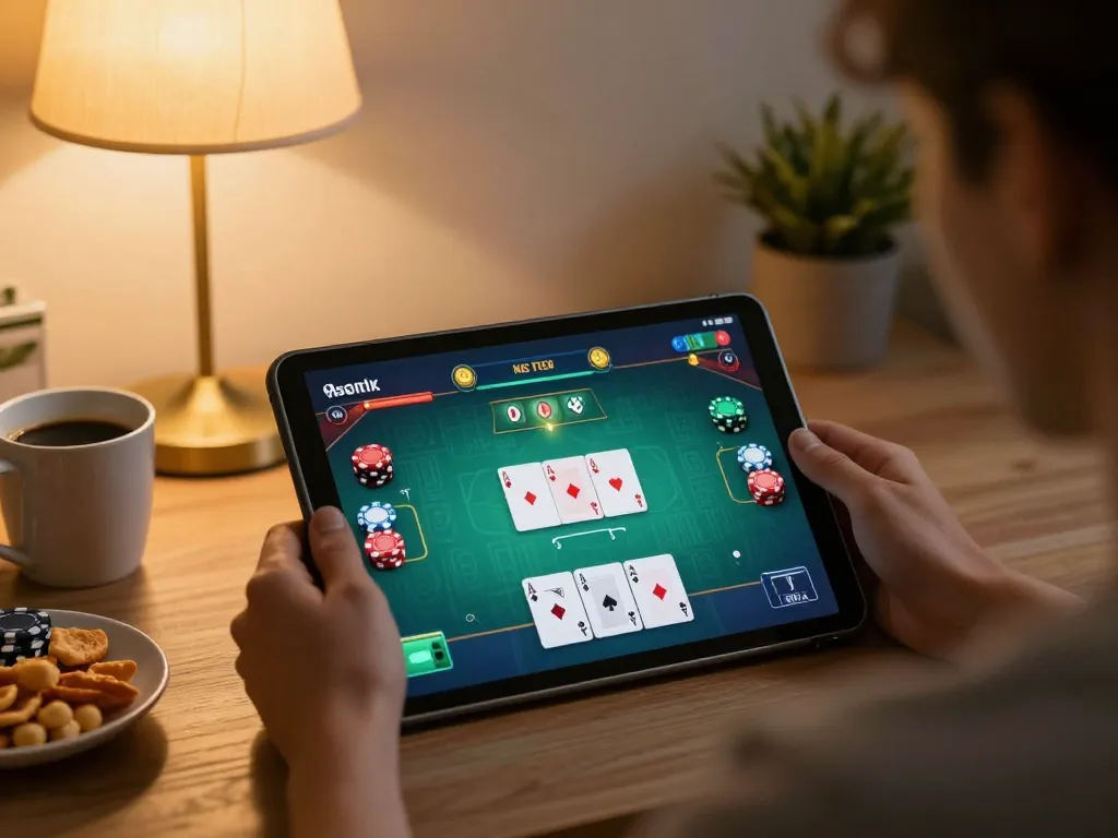 Player engaging with 8day poker app on tablet in a cozy home setting, promoting responsible gaming.