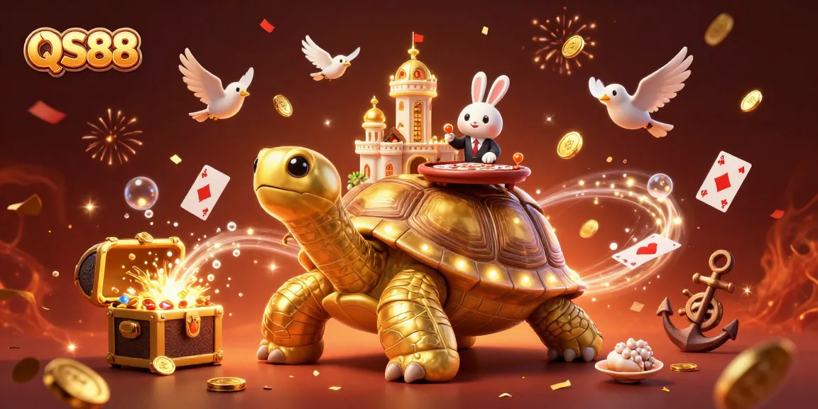 Experience the excitement of QS88 with a vibrant illustration of a golden tortoise casino and playful rabbit dealer.