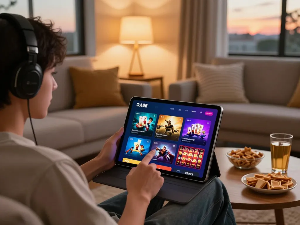 Engaging user experience at DA88 gaming platform with cozy home setup showcasing vibrant online games.