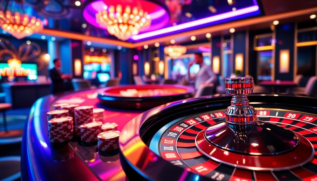 Engaging casino scene showcasing betting action at 58WIN with vibrant tables, roulette, and poker elements.