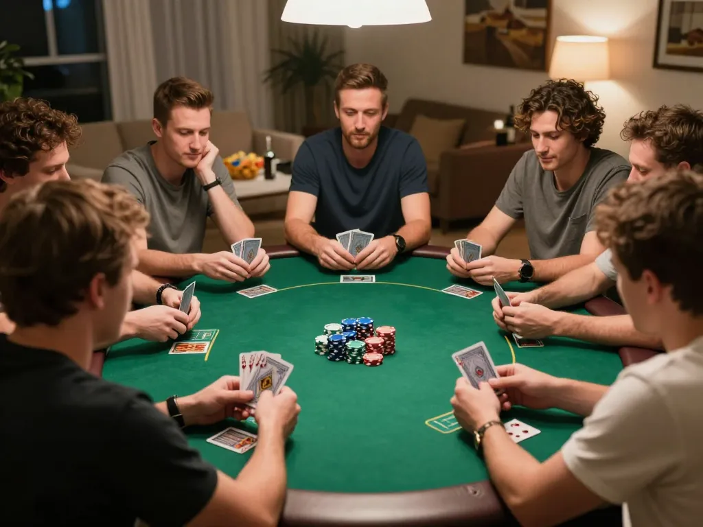 Players enjoy a thrilling poker game night at home, emphasizing strategic fun around the PUB88 table