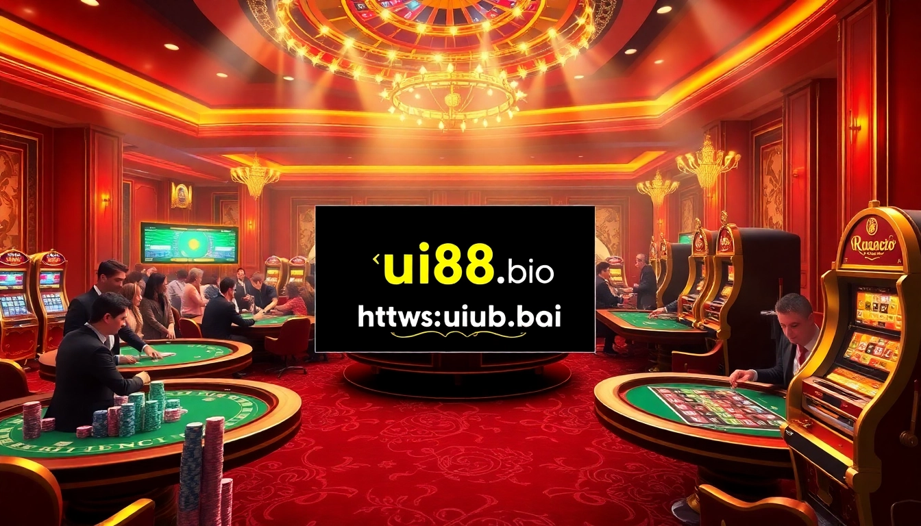Action-packed scene of players enjoying roulette and poker at a luxurious casino, highlighting https://uu88.bio/ as a premier gaming destination.