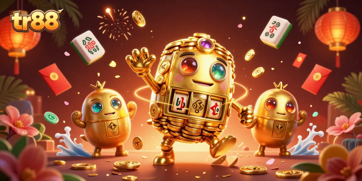 Join the fun at tr88 with a golden golem surrounded by vibrant casino elements and games.