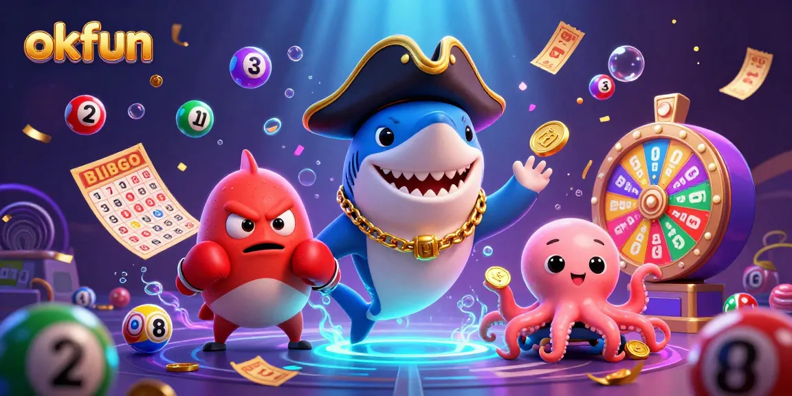 Experience exciting gameplay at okfun with playful cartoon characters amidst vibrant casino elements.