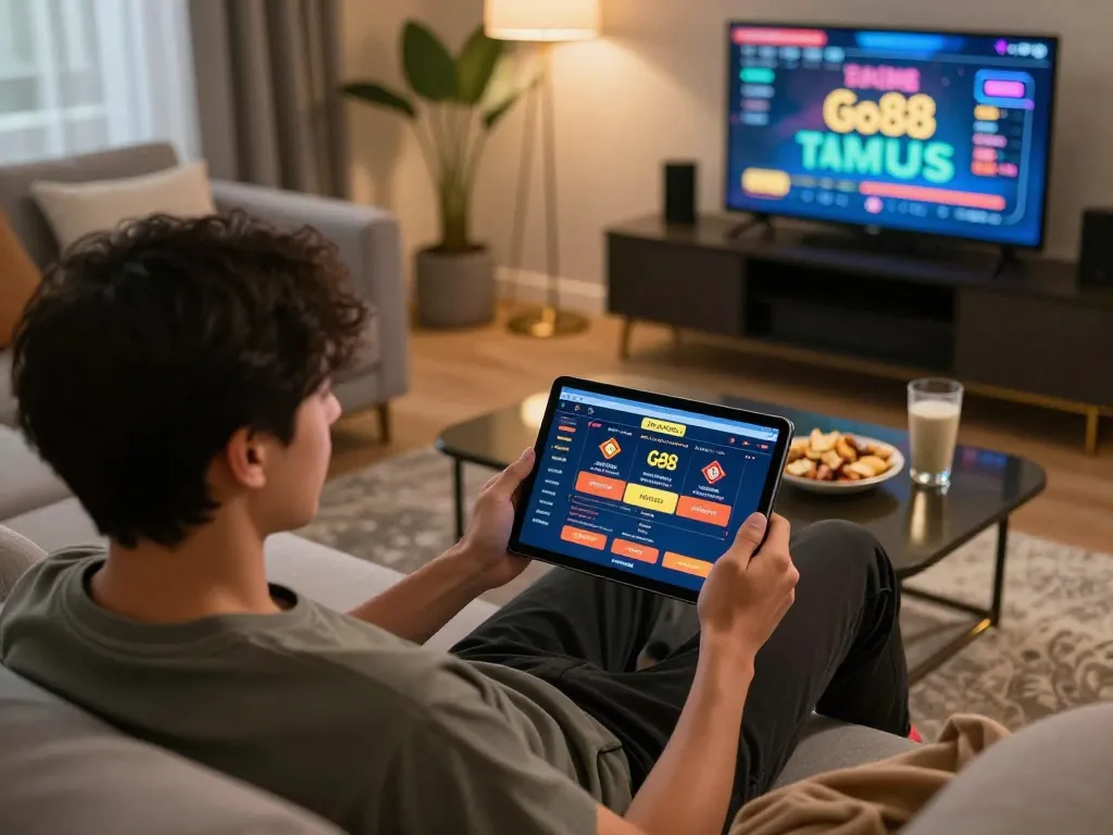 Tải Go88 for an engaging gaming experience on a cozy home setup with a tablet.
