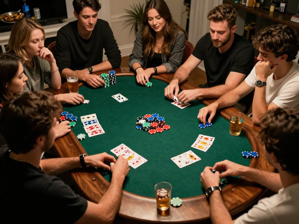 SHBET poker night action with friends, warm lighting creating an inviting atmosphere