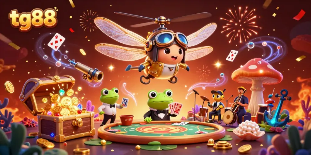 Experience thrilling gameplay at tg88 with the dragonfly pilot and frog dealer amidst a lively casino scene.