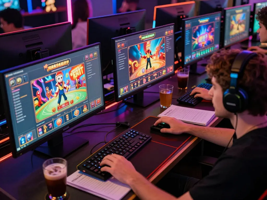 Player analyzing strategies while enjoying a game of 32win32 on multiple screens in a modern gaming setup.