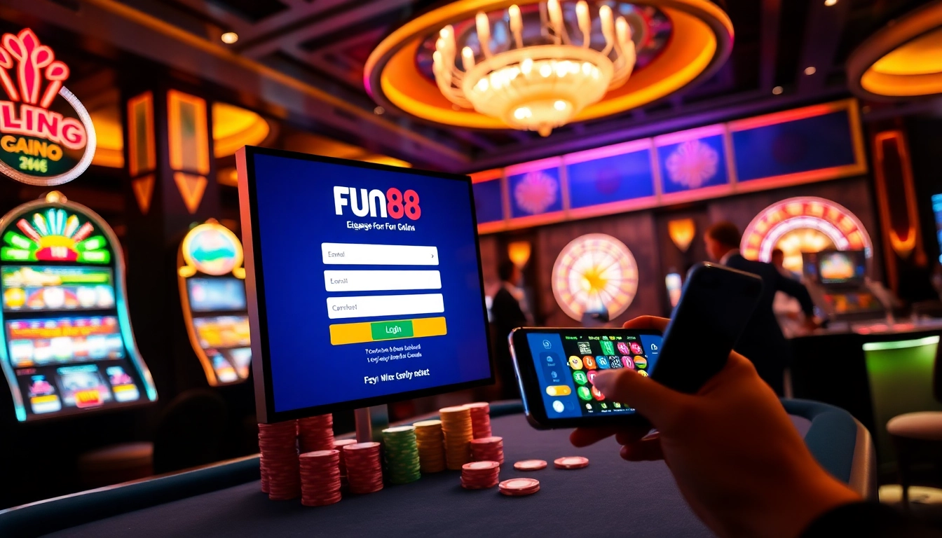 Experience the excitement of Fun88 login as players engage in thrilling casino games at a luxurious venue.