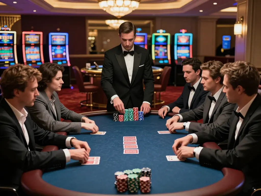 Players engaging in a high-stakes poker game inside a casino, showcasing Bsport BTY strategies.