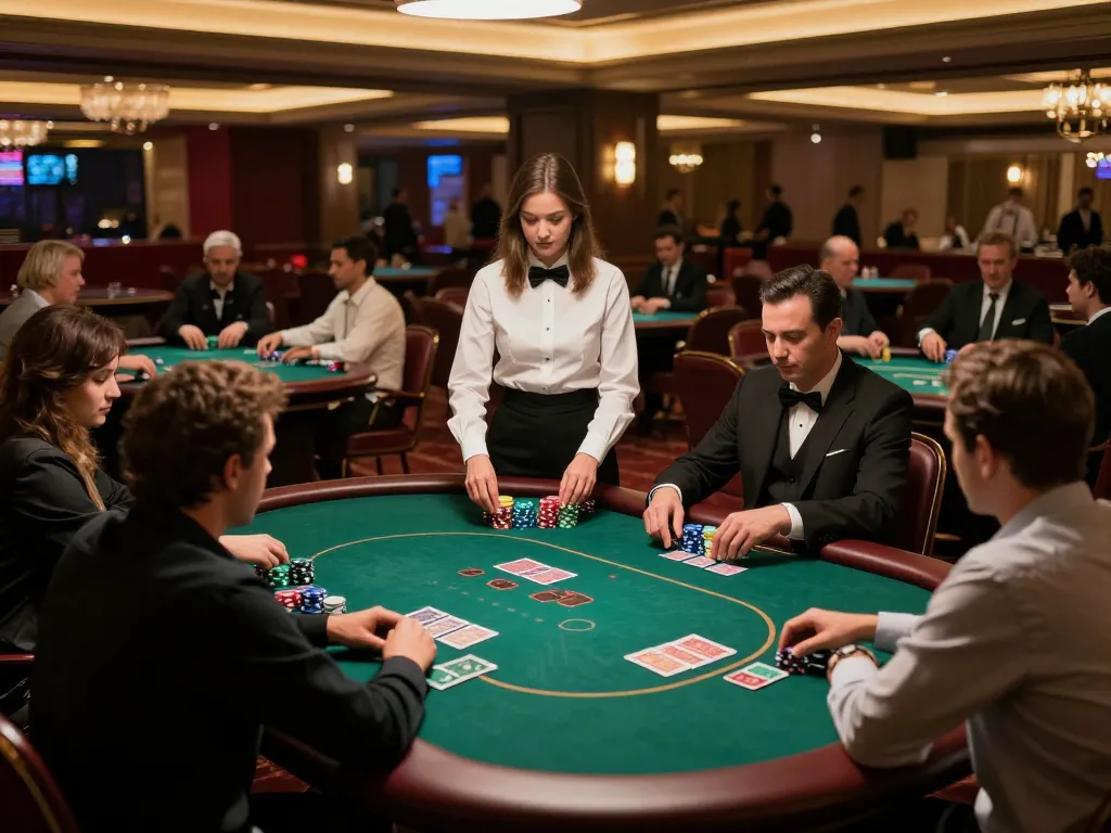 Watch players at RED88 poker tables strategizing their next moves in a luxurious casino.