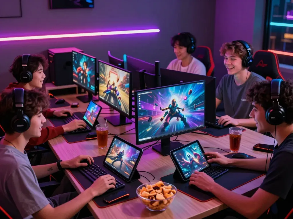 Players enjoying their gaming experience on Sunwin, showcasing a lively atmosphere with diverse devices and vibrant lighting.