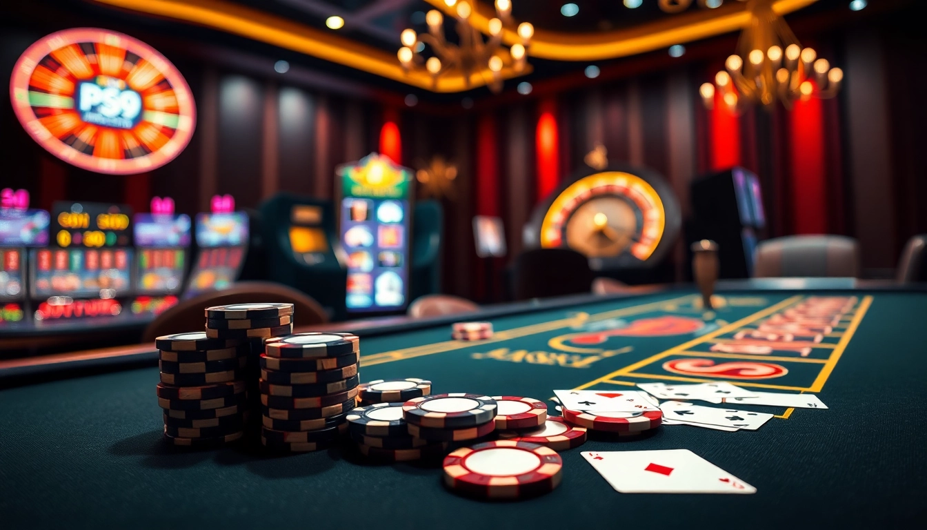 Experience thrilling gaming at PS99 with vibrant casino tables and dynamic slot machines.