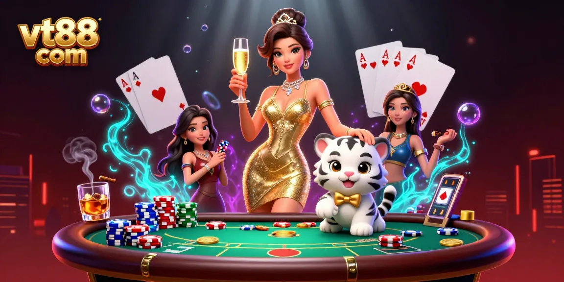 Play and win at vt88 com with a glamorous casino scene featuring poker elements and luck symbols.