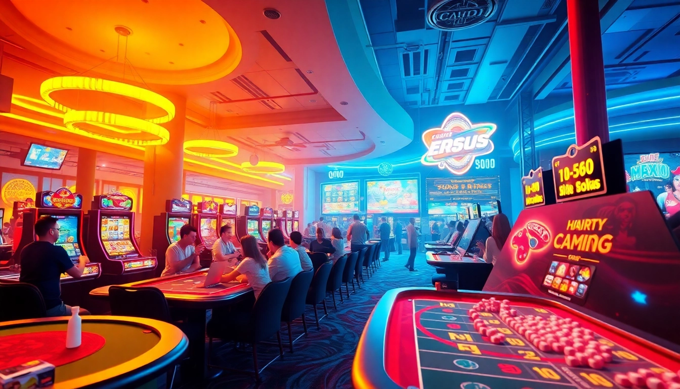 Engaging online gaming scene featuring players at new88go.com enjoying various games in a vibrant, lively casino atmosphere.