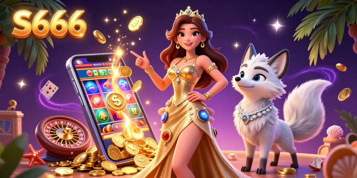 S666 casino promotional art with a stunning woman and arctic fox, surrounded by dynamic slot game elements.