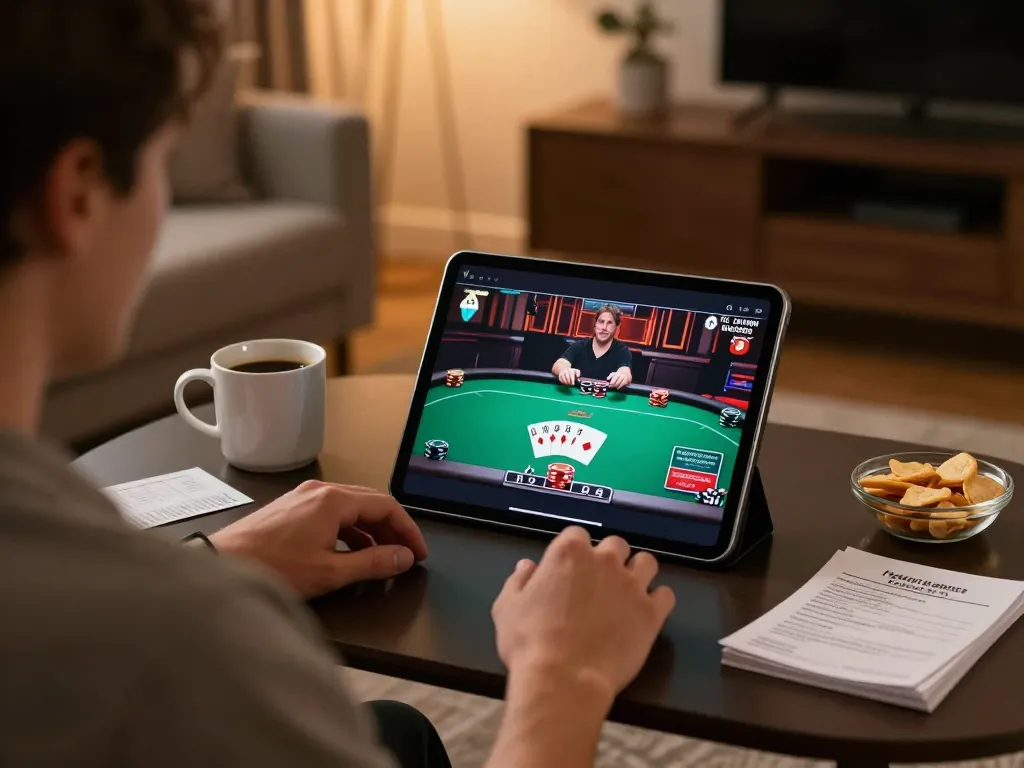 Player engaging with QQ88 poker game on tablet in stylish home setup, focusing on strategy.