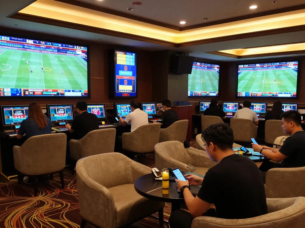 Tỷ lệ kèo nhà cái showcased in dynamic sports betting lounge, patrons engaging with bets and screens