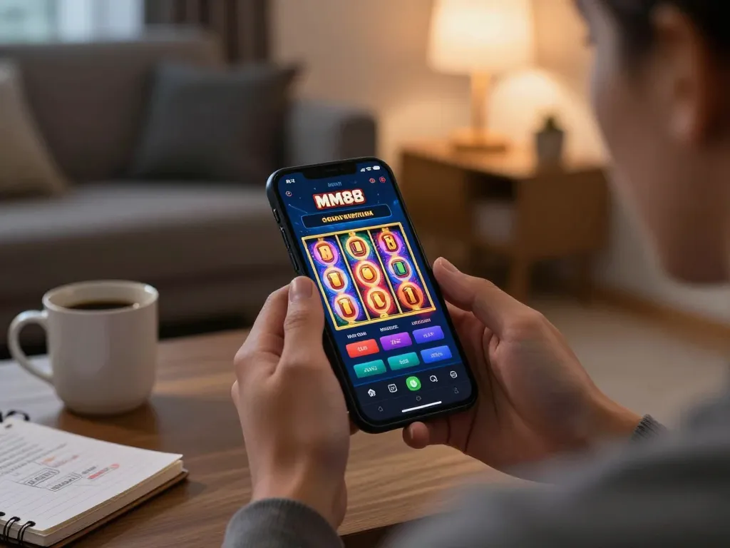 MM88 mobile user playing vibrant slot game on a smartphone in a cozy living room.