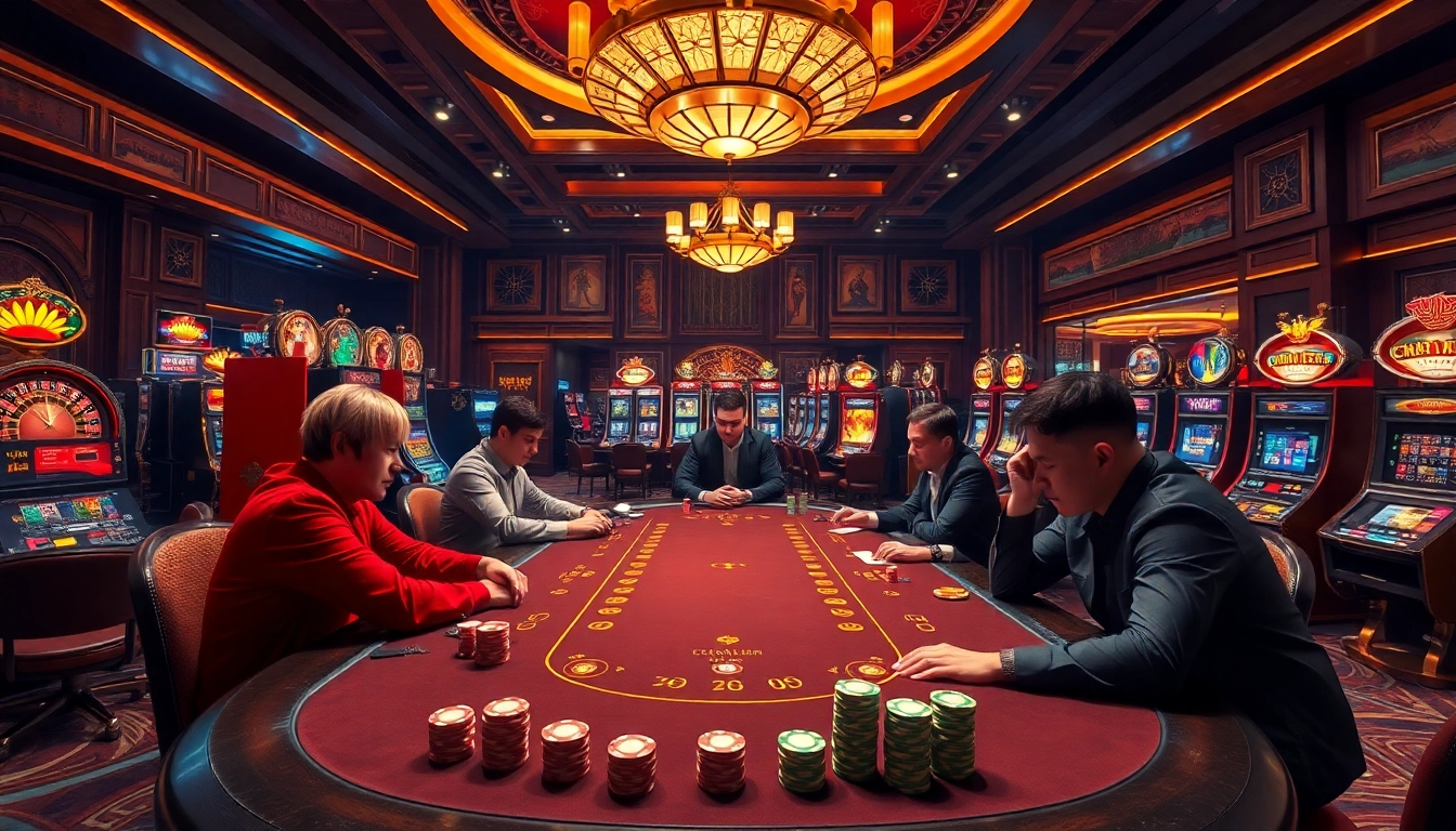 Engaging gamblers at a poker table in a sophisticated casino setting featuring chotruyen elements.
