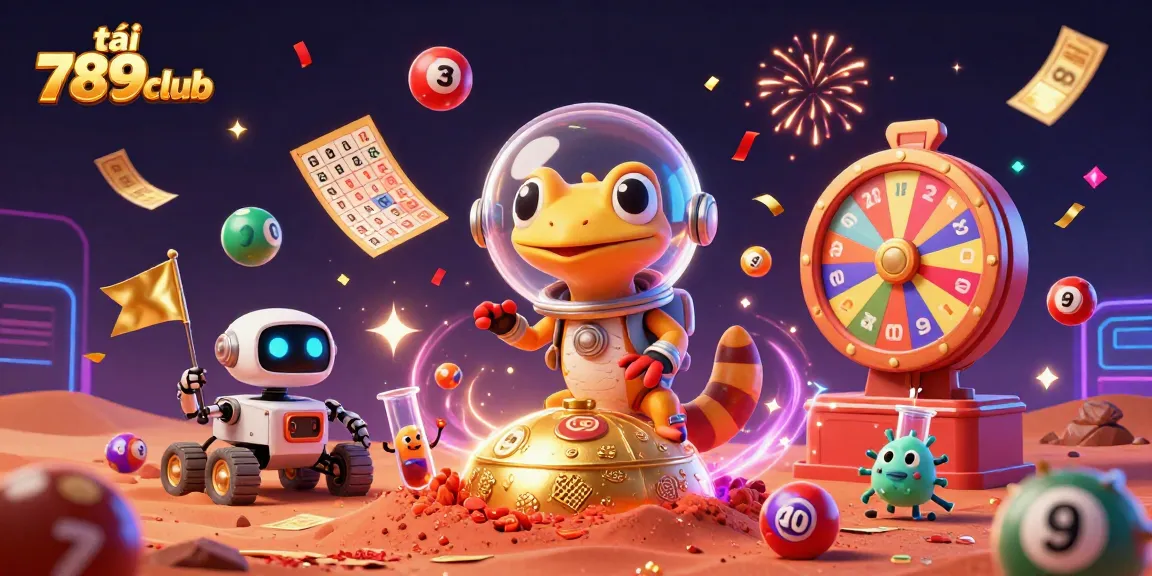 Experience the thrill of casino games with tải 789club, featuring vibrant lottery balls and an adventurous Martian gecko.