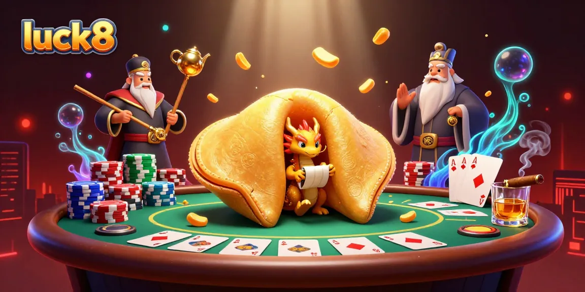 Experience luck8 in a vibrant casino scene with dragon wisdom and fortune cookie magic.