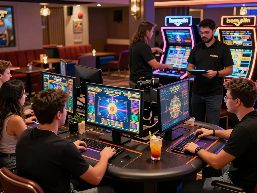 Exciting online gaming atmosphere featuring the bomwin platform with diverse players engaged in colorful virtual casino games.