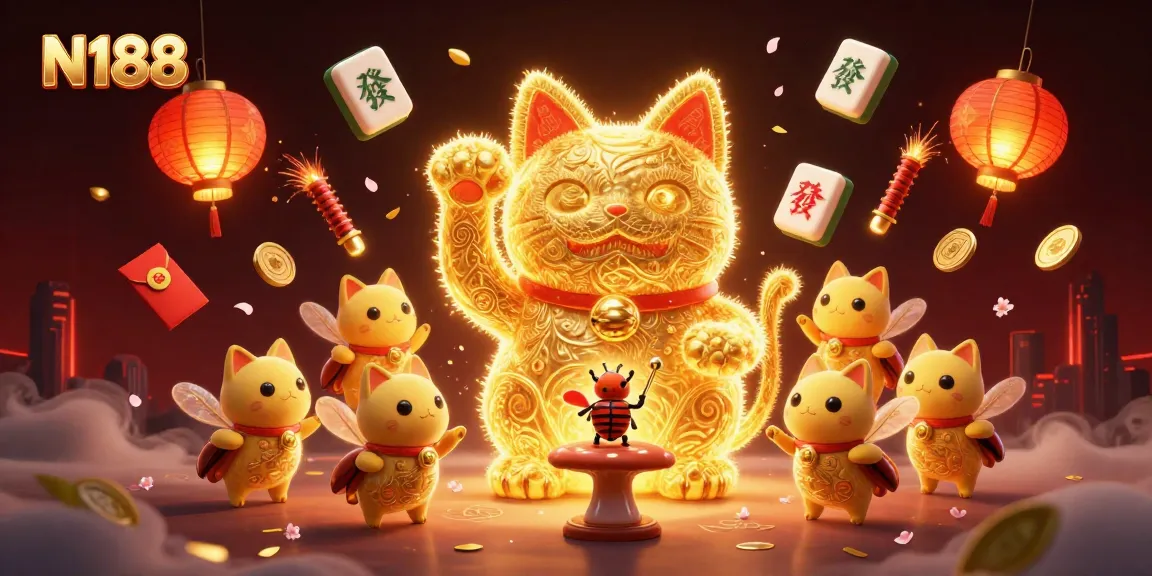 N188 lucky cat illustration attracting players with vibrant casino symbols and cinematic visuals.