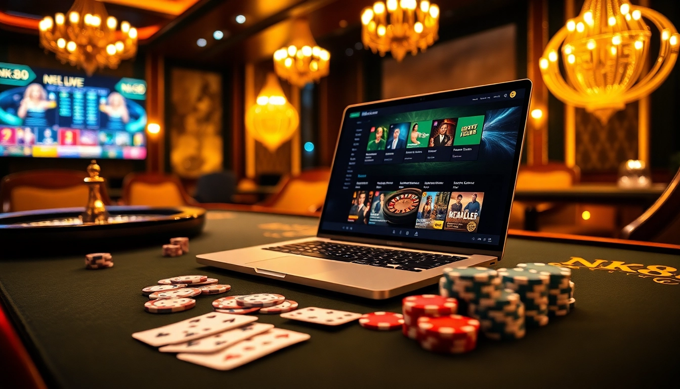 Experience NK88 Đăng nhập with vibrant casino ambiance featuring roulette, poker chips, and cards.
