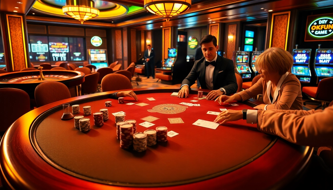 Players enjoying a thrilling poker game at OKFUN's upscale casino table with dazzling chips and betting slips.