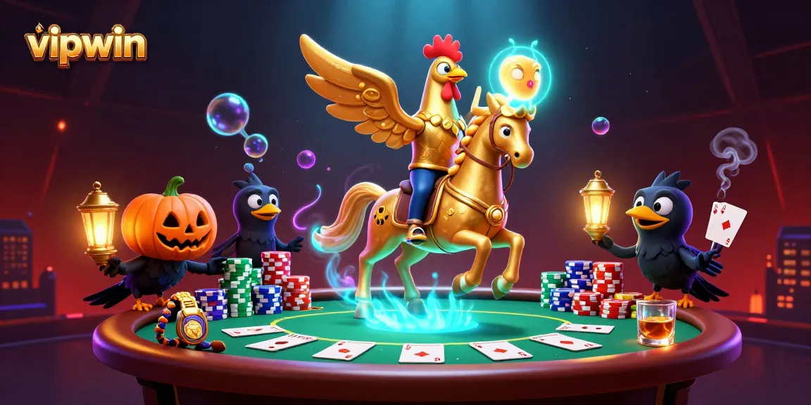 Engage in thrilling vipwin gaming with the golden rooster in a midnight casino setting.