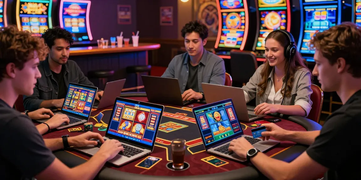 Engaged players at a vibrant credit card casino, exploring game options at https://jumpspace.org.uk with laptops and mobile devices.
